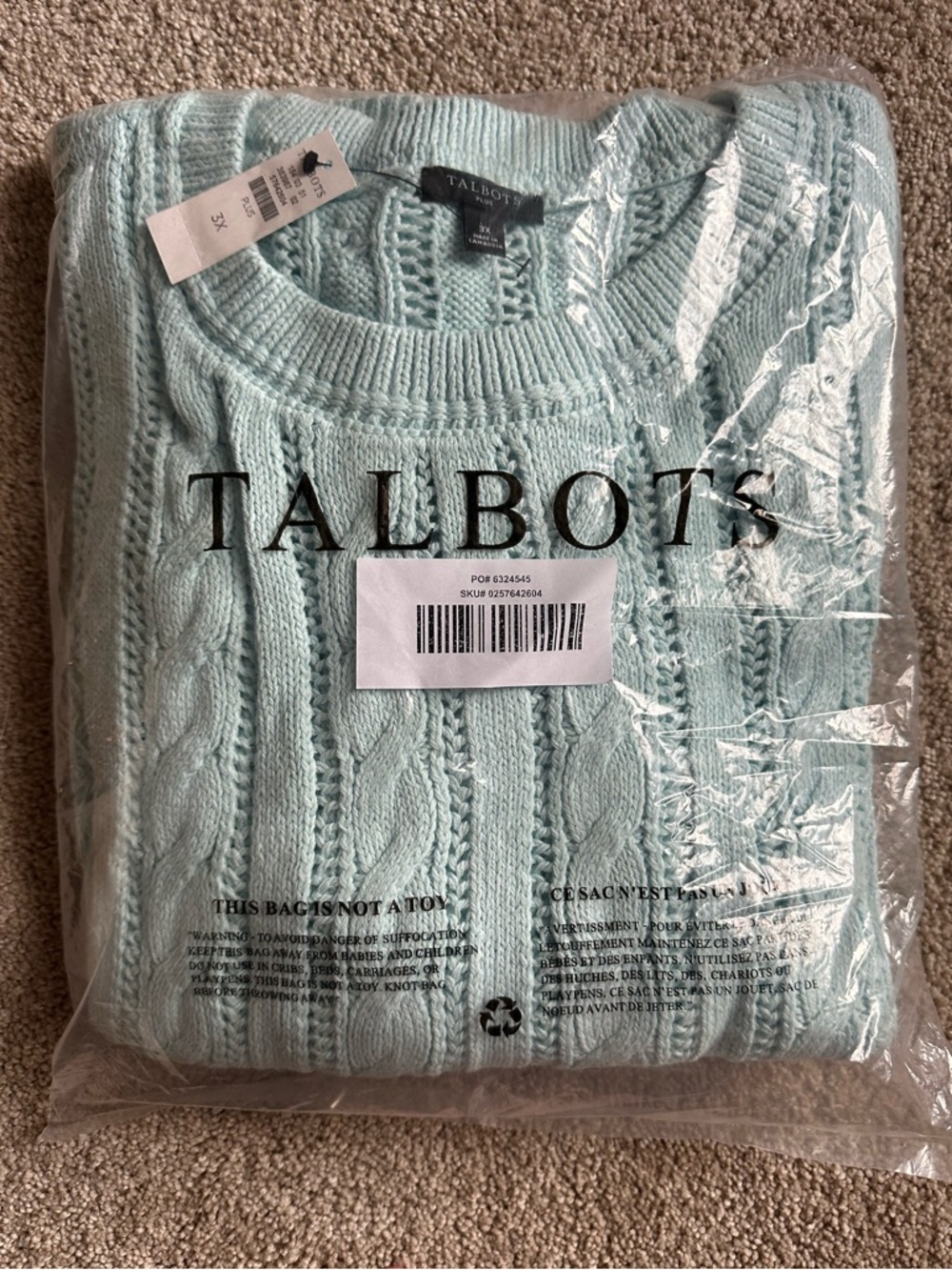 Talbots Light Aqua Cable Knit Crew Sweater